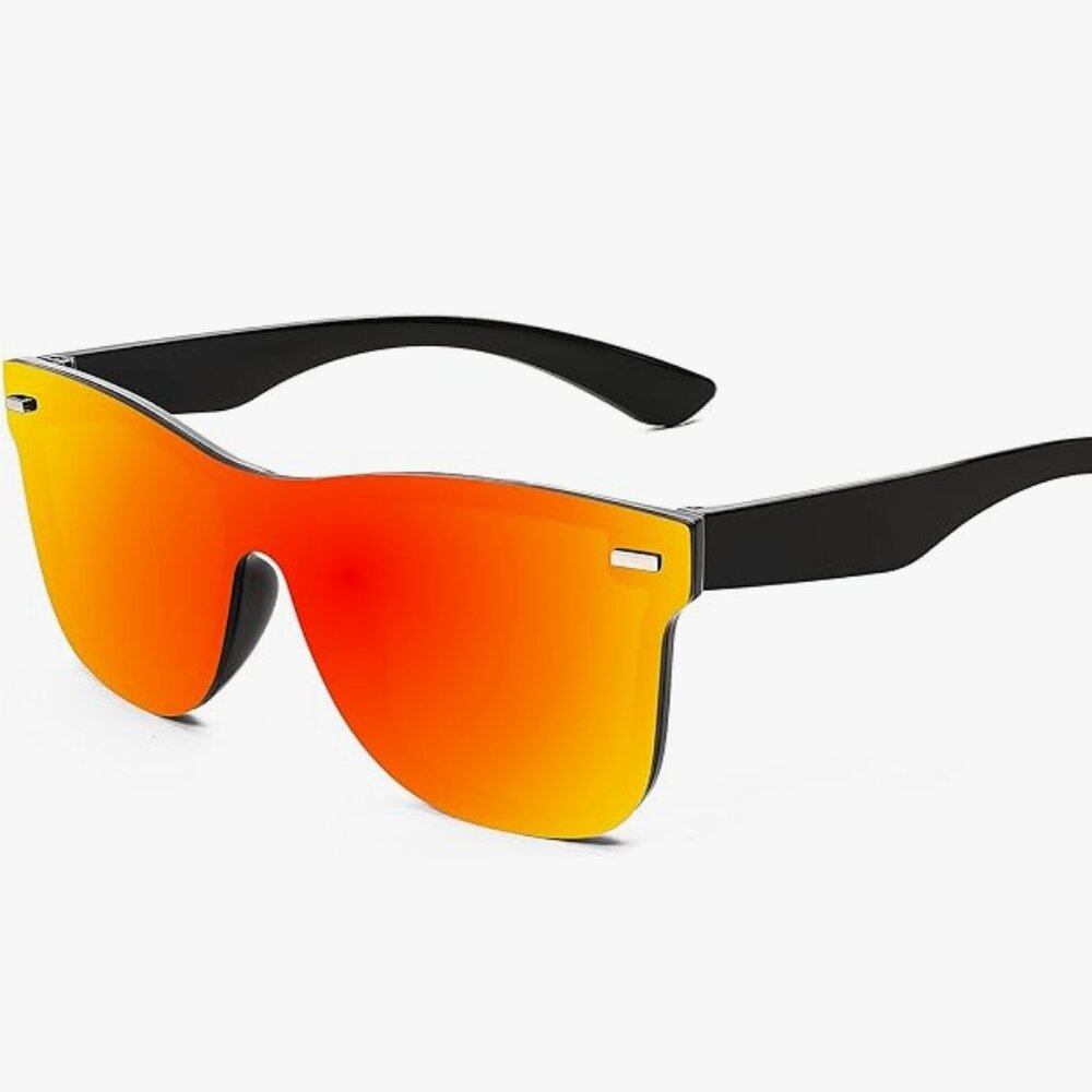 Rimless Mirrored One Piece Lens Sunglasses Reflective Sunglasses Gold/Red Lenses